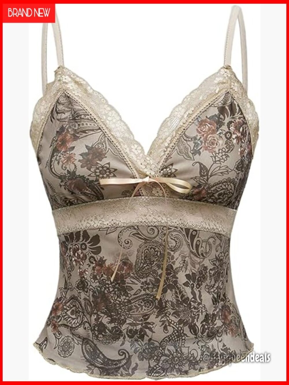 Paisley Lace Cami Crop Top Slim Fit V-Neck Spaghetti Strap Tank